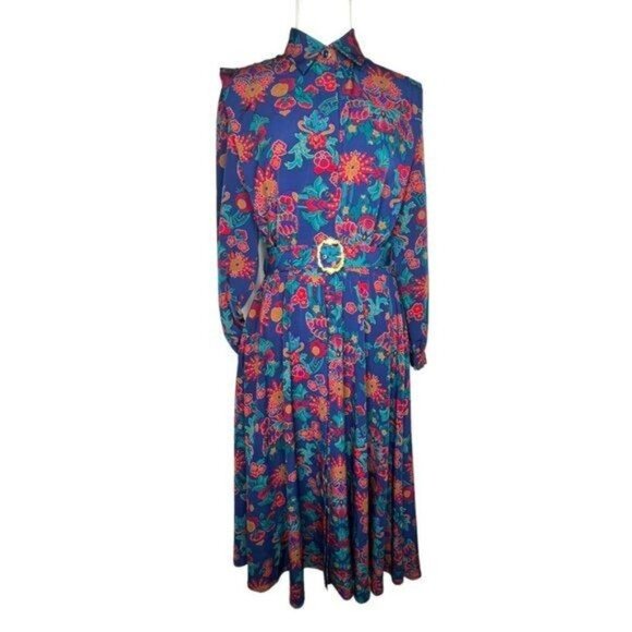 Schrader Dresses & Skirts - Schrader Long Sleeve 80s Floral Shirt Belted Dress With Jewel Button Cuffs Sz 8
